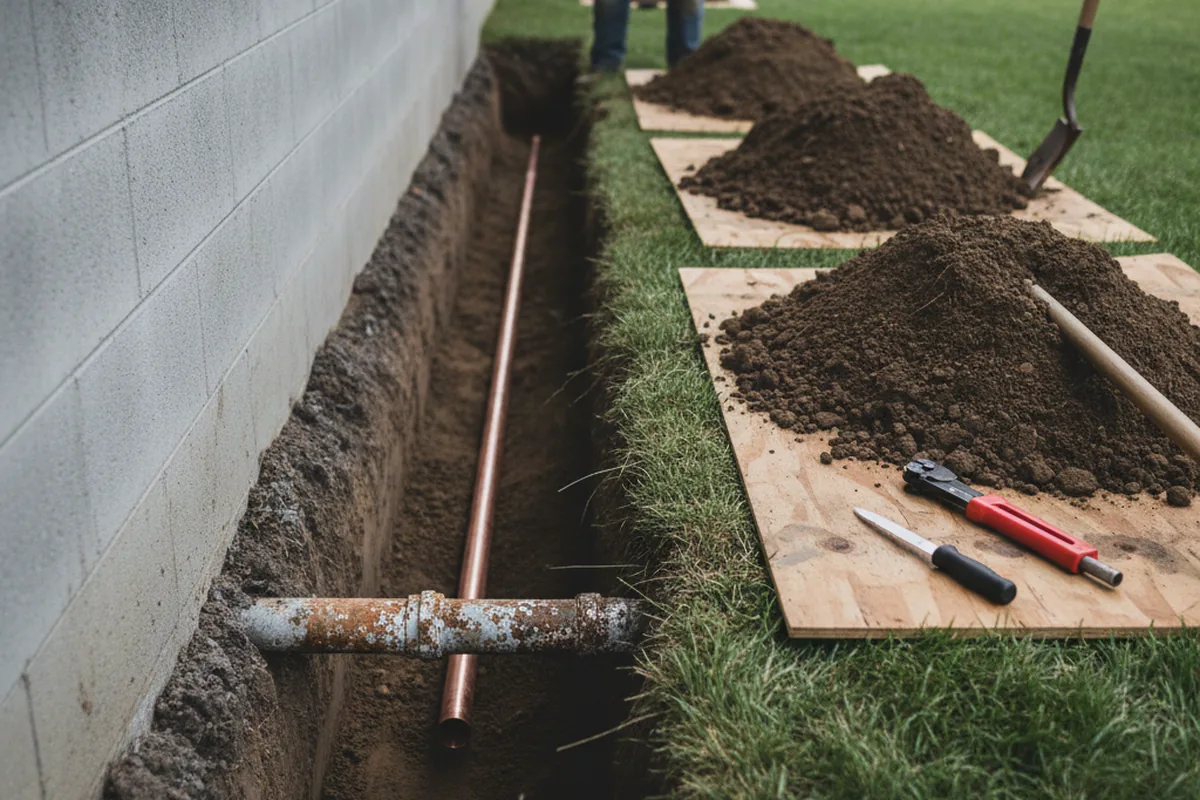 Excavated water line trench during Water Softener Installation in Leoma